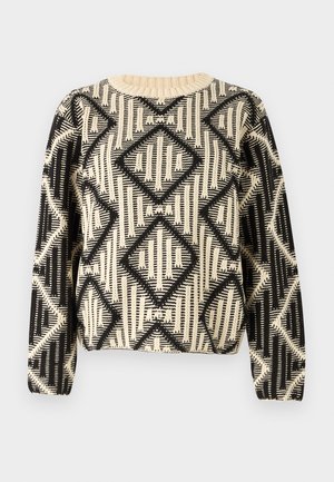 Mustavalkoinen kuvioitu neuletakki, jossa on geometrinen timanttimuotoilu, pyöreä pääntie ja pitkät hihat ribbausviimeistelyllä.