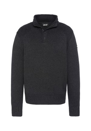 Donkergrijze gebreide trui met een geribde kraag, een drie-knops sluiting en geribde manchetten en onderrand met een textuurafwerking.