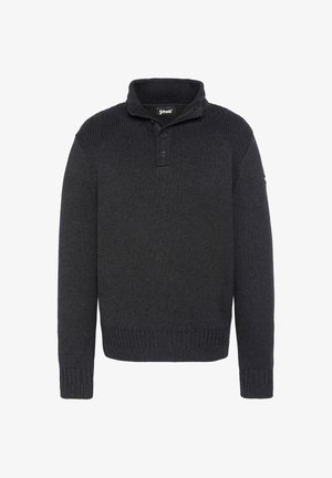 Donkergrijze gebreide trui met een geribde kraag, een drie-knops sluiting en geribde manchetten en onderrand met een textuurafwerking.