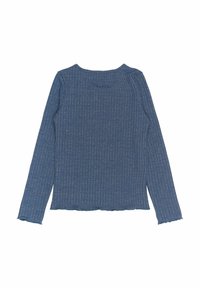 Sweter z żebrowanym splotem i długim rękawem w ciemnoniebieskim kolorze, z okrągłym dekoltem i falbanastym wykończeniem. Teksturowany materiał o lekkim wyglądzie.