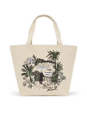 Borsa a tracolla in tela con un'illustrazione marina che mostra una persona accanto a una balaustra, palme, una barca a vela e la firma "Karl".
