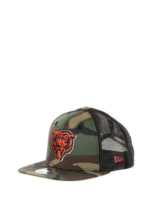 Camouflage snapback cap featuring a prominent orange bear logo. Mesh back for breathability, flat brim, and textured cotton front.