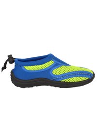 Chaussure d'eau légère avec dessus en tissu bleu et mesh jaune, semelle en caoutchouc noir et cordon de serrage réglable au talon.