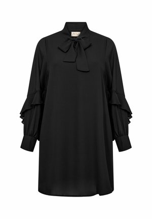 Zwarte jurk van gladde stof, met een hoge kraag en strik, lange mouwen met rimpeldetails en een losse pasvorm.