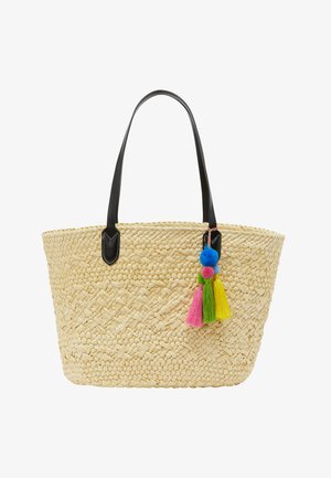 Geantă din paie țesută, de culoare naturală, cu mânere din piele sintetică neagră și un ciucurel colorat atașat. Prezintă un design spațios.