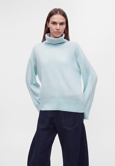 Femme aux cheveux bruns raides portant un pull à col roulé bleu clair et un jean bleu foncé ample sur un fond blanc uni.