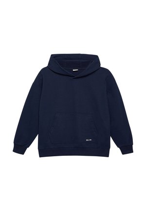 Marineblauwe hoodie gemaakt van een katoenmix. Voorzien van een voorzak in kangoeroestijl, geribbelde manchetten en een klein logo aan de zoom.