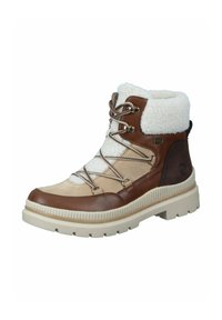 Botas de tobillo marrones y beige con puño de piel sintética, piel texturizada, ojales de metal y una suela robusta de goma con un patrón de relieve pronunciado.