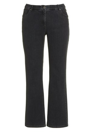 Zwarte denim jeans met een uitlopende broekspijp, elastische tailleband en vijf zakken. De stof heeft een gladde, licht gestructureerde afwerking.