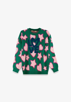 Pull vert à col rond avec un motif de étoiles et cœurs roses, arborant le mot "LOVE" en bleu avec un cœur remplaçant le "O".