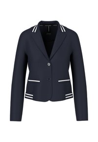 Navy blazer with white striped accents on the collar and cuffs, featuring two front pockets and a single button closure. Smooth fabric.