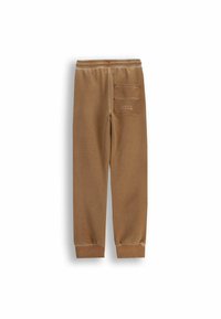 Brązowe dresowe spodnie z polaru z elastycznymi mankietami i paskiem, z tylną kieszenią z tekstem "NAJLEPSZE JESZCZE PRZED NAMI."