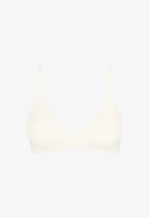 Soutien-gorge triangle blanc doux avec fines bretelles réglables, sans fermetures visibles ni ornements.