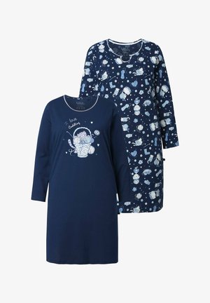 Zwei Nachthemden aus marineblauer Baumwolle, eines mit einer leichten Grafik einer Katze und dem Text "Ich liebe Kuscheln", das andere mit verschiedenen verspielten Mustern.