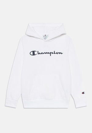 Λευκό φούτερ από βαμβάκι με μπροστινή τσέπη, με σήμα "Champion" σε ναυτικό μπλε διαγωνίως στην περιοχή του στήθους και μικρό σήμα στο μανίκι.