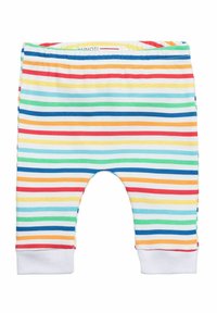 Pantalones de niño pequeño a rayas hechos de una tela suave. Presentan rayas horizontales multicolores en rojo, azul, amarillo, verde y naranja. Puños blancos.