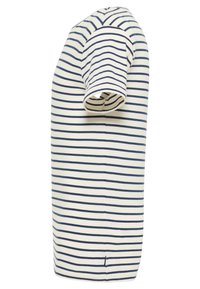 Gestreiftes T-Shirt in Creme mit navyblauen horizontalen Streifen, aus weicher Baumwolle gefertigt. Verfügt über einen runden Halsausschnitt und kurze Ärmel.