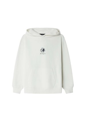 Lichtgrijze hoodie van zacht materiaal, met een voorzak en een centrale logo-opdruk. Ontworpen met een capuchon met trekkoord en ribgebreide manchetten.