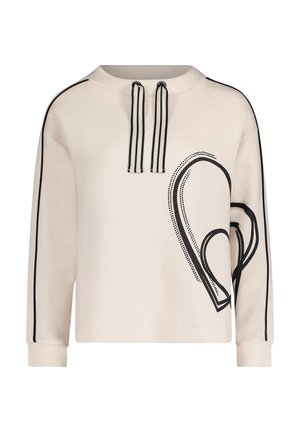 Jasnobeżowa bluza z czarnymi bocznymi pasami i graficznym wzorem serca. Posiada okrągły dekolt i sznurki przy kołnierzu.