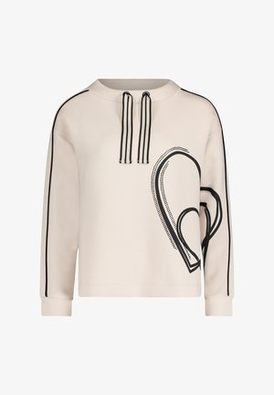 Jasnobeżowa bluza z czarnymi bocznymi pasami i graficznym wzorem serca. Posiada okrągły dekolt i sznurki przy kołnierzu.