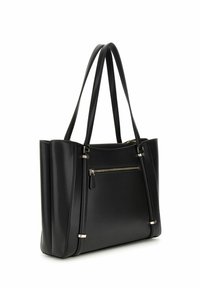 Sac fourre-tout en simili cuir noir avec double poignées, poche frontale zippée, accents en métal argenté et un design structuré.