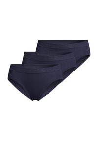 Dunkelblaue Damenunterhosen im Set von drei, aus weichem Stoff gefertigt, mit einem glatten Bund und ohne sichtbare Muster, im klassischen Schnitt.