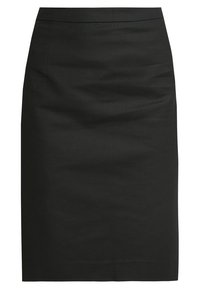 Svart blyertskjol i slätt tyg. Har en rak skärning, mittlängd och en platt midjesöm utan synlig stängning.