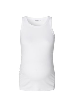 Débardeur blanc en tissu côtelé, avec un col rond et un design sans manches. Texture lisse sans motifs ni éléments métalliques visibles.