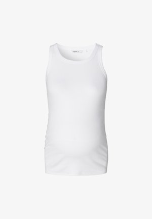 Weißes Tanktop aus geripptem Stoff mit rundem Ausschnitt und ärmellosem Design. Glatte Textur ohne sichtbare Muster oder Verzierungen.