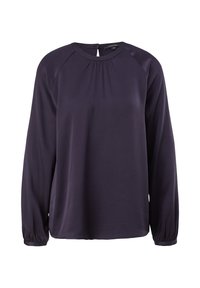 Blouse bleu marine foncé à manches longues, col rond, légers fronces au niveau du col et poignets élastiques, présentée sur fond blanc.