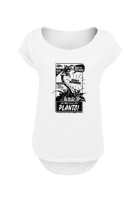 White t-shirt with a round neckline, featuring a black graphic design. The design includes text and a stylized plant illustration.