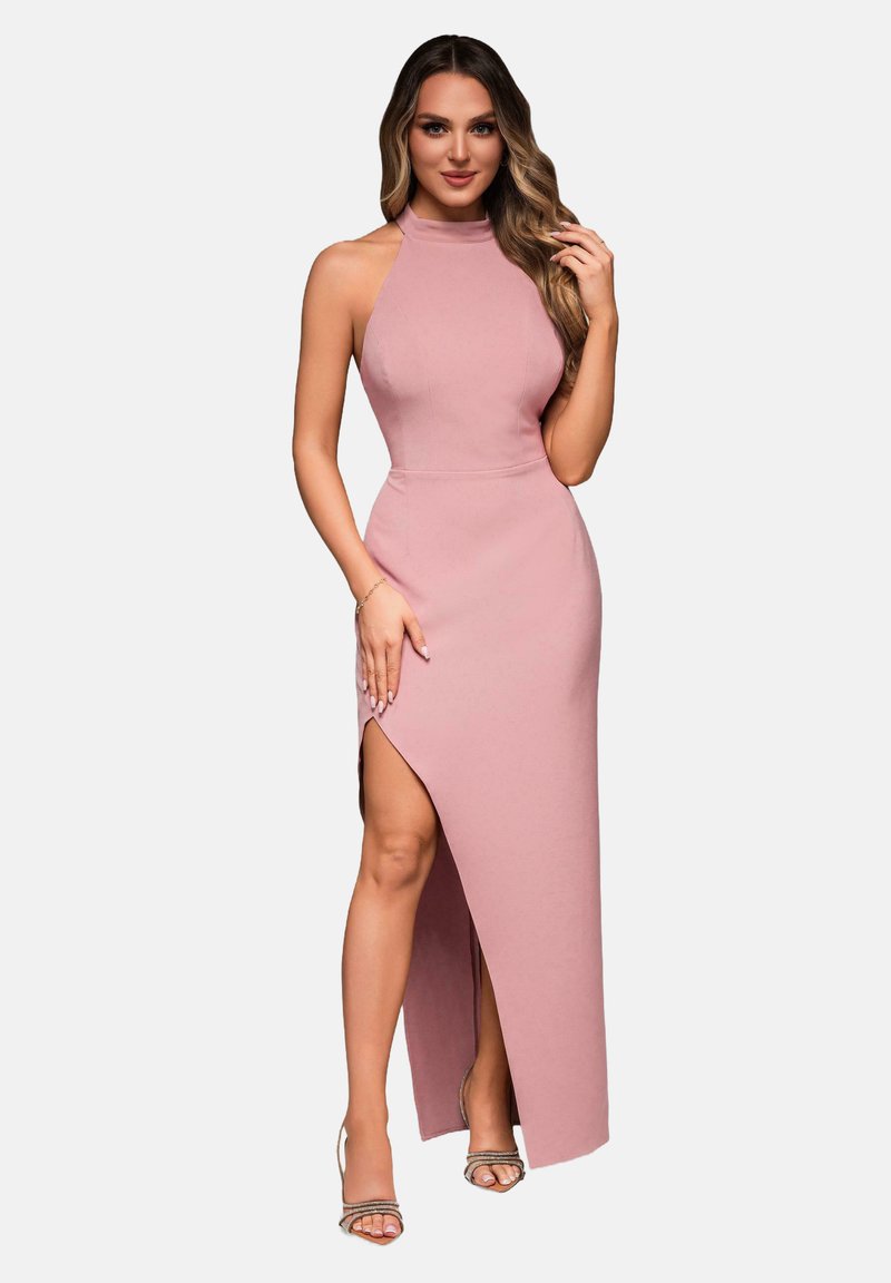 Robe rose à col halter, en tissu doux, avec une fente haute sur la cuisse et un design ajusté qui met en valeur la silhouette.