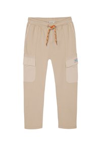 Beige cargobroek met een elastische tailleband en trekkoord, voorzien van twee zijzakken en contrasterende stofaccenten op de zakken.