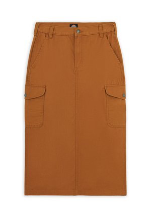 Falda cargo en naranja quemado, hecha de algodón, con dos bolsillos laterales y dos bolsillos delanteros con solapa. Silueta recta con cierre de botón.