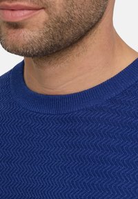 Blauer gestrickter Pullover mit einem strukturierten Zickzackmuster, einem gerippten Rundhalsausschnitt und einer glatten Verarbeitung am Körper.