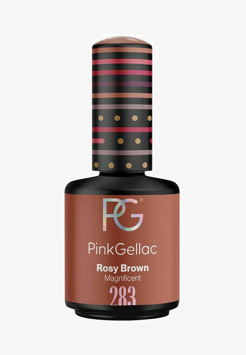 Black-capped nail polish bottle labeled PinkGellac Rosy Brown Magnificent, shade number 283, with striped and dotted cap design.