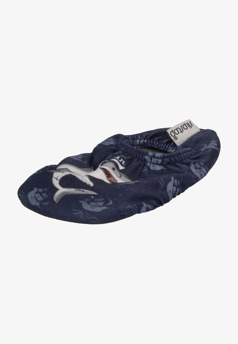 Blue fabric slipper with shark graphic, elasticated opening, smooth texture, lightweight design, featuring a printed ocean pattern on dark background.