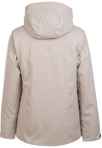 Veste beige à capuche avec manches longues, surpiqûres au dos et ourlet légèrement arrondi.