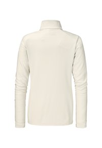 Langärmliges Polohemd in Off-White, mit Stehkragen, glatter Textur und gesteppten Akzenten. Die Rückansicht zeigt eine taillierte Passform.