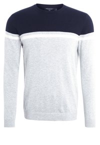 Hellgrauer Sweatshirt mit Marineblau an den Schultern, ausgestattet mit weißen horizontalen Streifen. Rundhalsausschnitt, lange Ärmel und gerippte Bündchen und Saum.