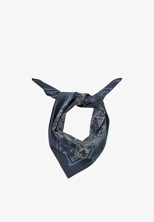 Dark blue bandana with light paisley patterns tied in a knot, showing both pointed ends and one folded corner.