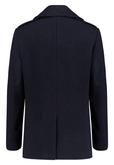 Manteau en laine marine avec un col cranté, coupe droite et couture arrière visible ; dotée d'une fente unique au bas du centre et de deux épaulettes aux épaules.