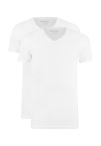 Witte katoenen V-hals t-shirts, slim fit, korte mouwen, twee-pack. Glad textuur, geen patronen, naadloos ontwerp met een klassieke snit.