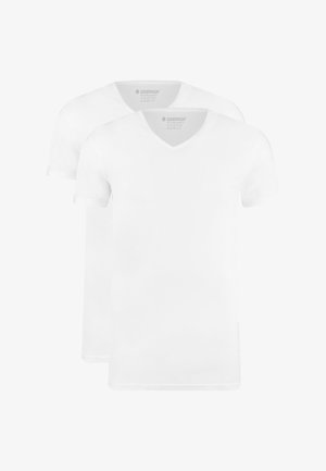Witte katoenen V-hals t-shirts, slim fit, korte mouwen, twee-pack. Glad textuur, geen patronen, naadloos ontwerp met een klassieke snit.