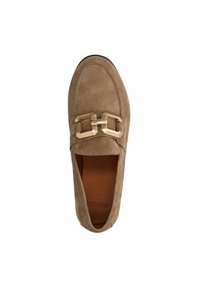 Suede slip-on shoe in beige with a smooth texture, featuring a gold geometric buckle detail on the front and a brown insole.