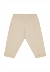 Helle beiger, cropped Hose mit elastischem Bund, seitlicher Tasche und umgeschlagenen Bündchen. Hergestellt aus weichem, strukturiertem Material.