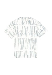 Camiseta blanca con patrón de tie-dye gris, escote redondo, mangas cortas y dobladillo recto. Fabricada con material de algodón suave.