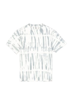 Camiseta blanca con patrón de tie-dye gris, escote redondo, mangas cortas y dobladillo recto. Fabricada con material de algodón suave.