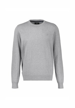Lysegrå langærmet crewneck-sweater med ribkantede manchetter og kant, vist forfra på hvid baggrund.