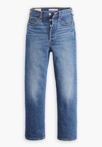 Blå högmidjade raka jeans med knappgylf fram och fem fickor, uppvisade liggande mot vit bakgrund.